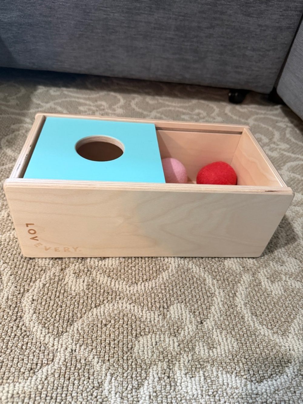 Lovevery Wooden Ball Drop Box with Teal Top and Red/Pink Balls